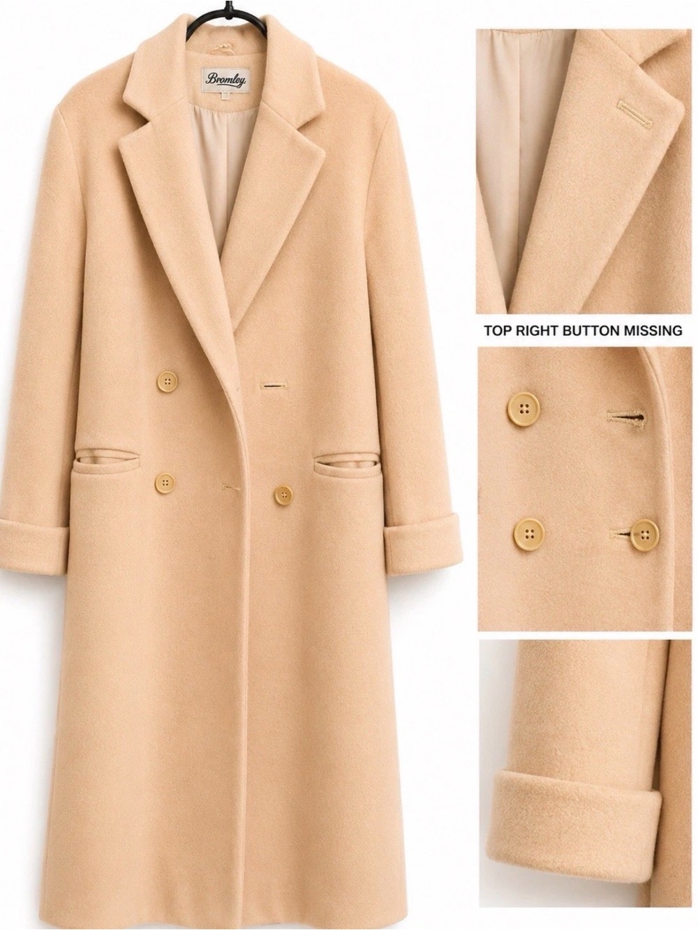 Vintage Bromley Beige Double-Breasted Wool Pea Coat